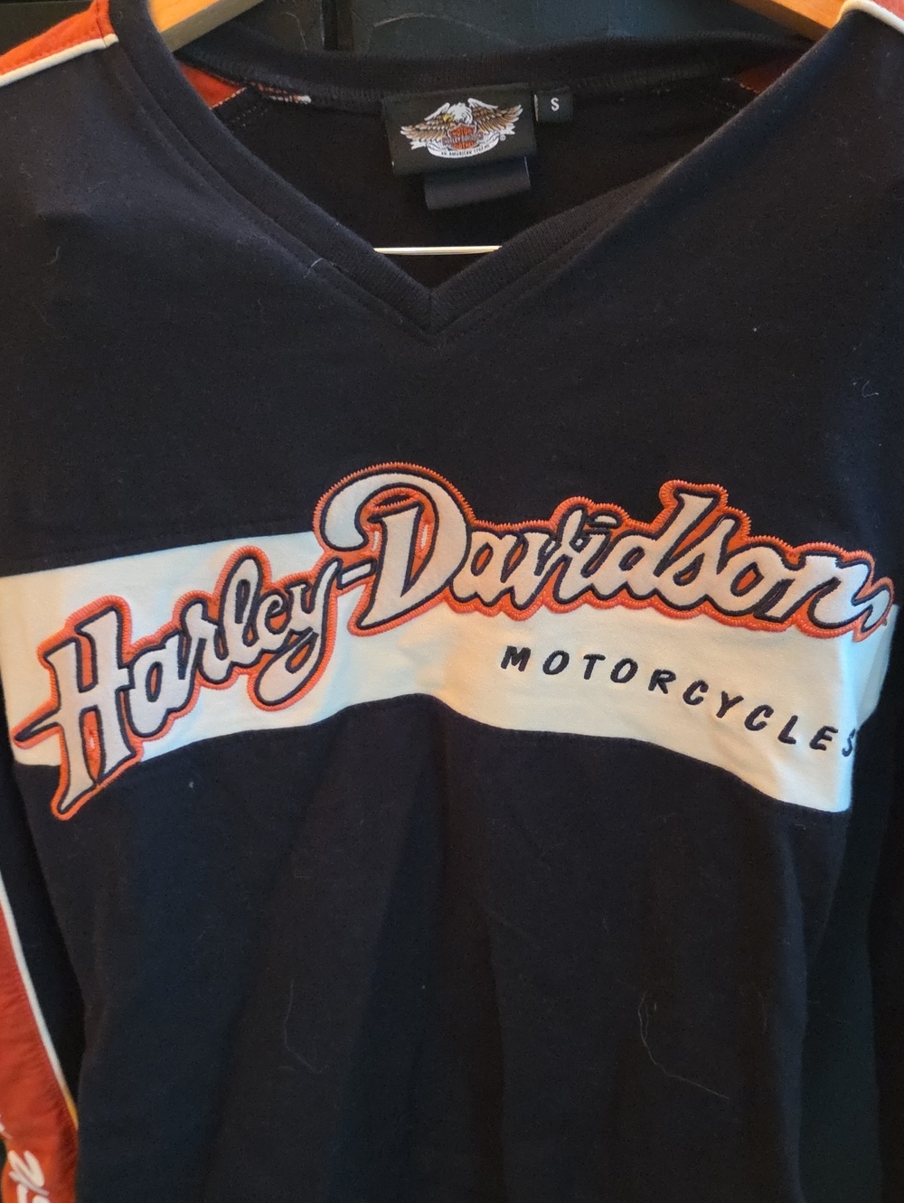Harley-Davidson Black White Orange Logo V-Neck Women's Top